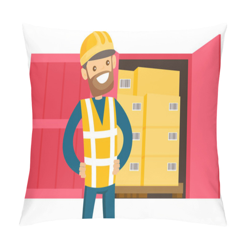 Personality  Young Delivery Man Checking Parcel With The List. Pillow Covers