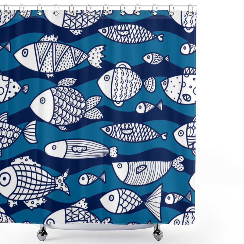 Personality  Linear Decorative Fish On A Mint Background And Waves. Seamless Pattern Can Be Used For Wallpaper, Pattern Fills, Web Page Background, Surface Textures. Shower Curtains