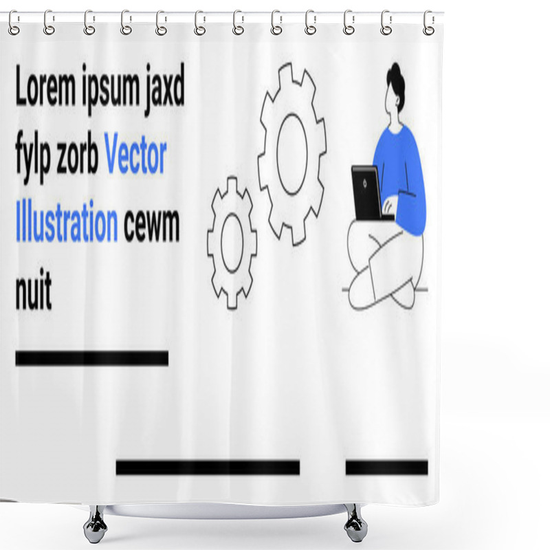 Personality  Person Sitting With Laptop, Text Blocks, And Gears. Ideal For Tech Blogs, Digital Content, Business Presentations, E-learning, Marketing Materials, Workflow Diagrams, Website Landing Page. Landing Shower Curtains