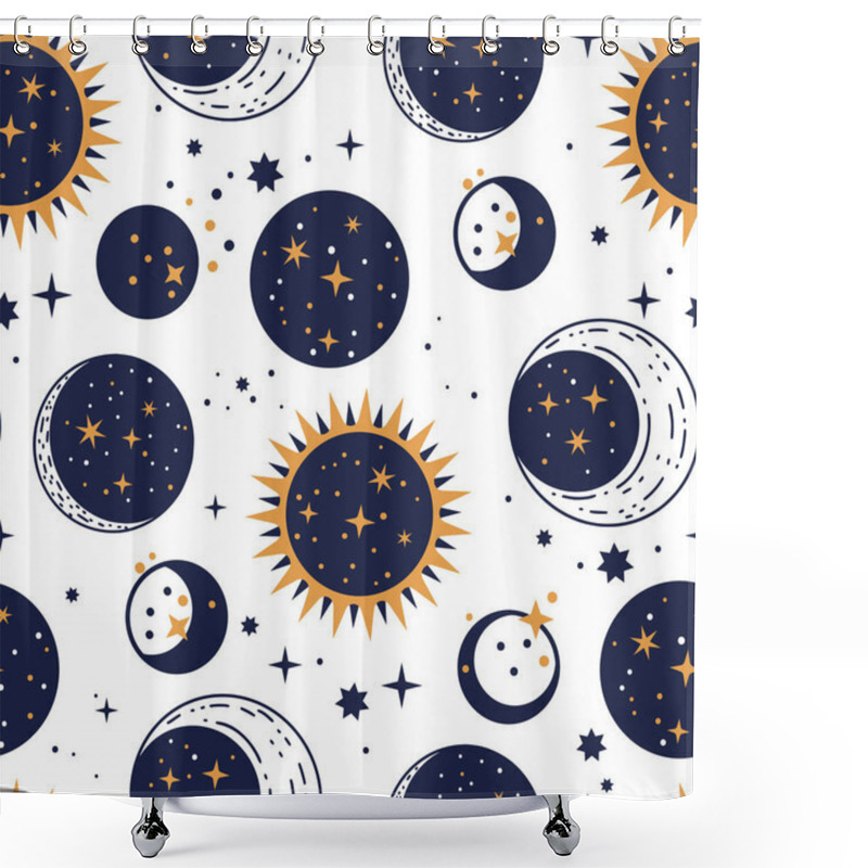 Personality  Planet Star, Sun And Moon Vector Astrology Astronomy Luxury Celestial Seamless Pattern.  Shower Curtains