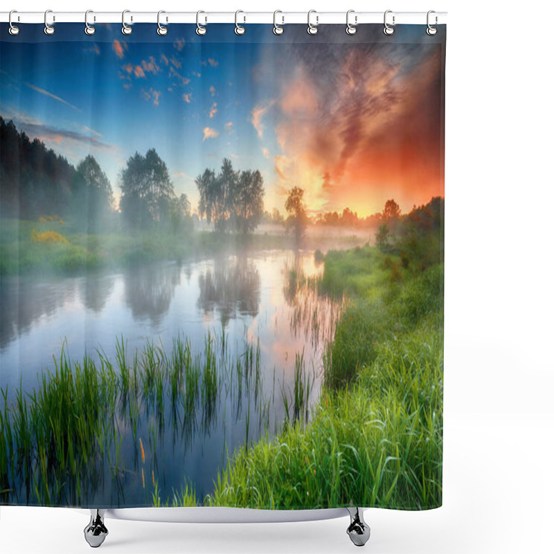 Personality  Beautiful Summer Sunrise Over River Banks Shower Curtains