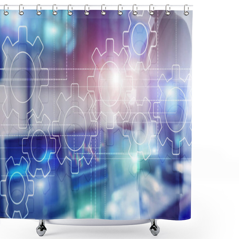 Personality  Gears Mechanism, Digital Transformation, Data Integration And Digital Technology Concept. Shower Curtains