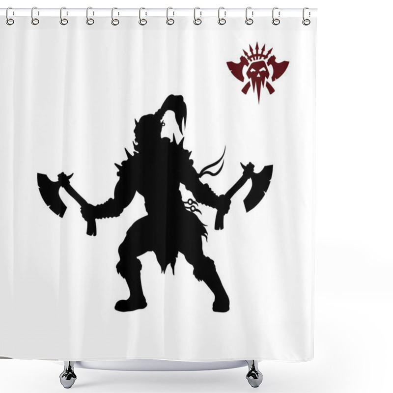 Personality  Black Silhouette Of Orc With Axe On Background. Fantasy Character. Angry Warrior With Weapon. Barbarian Tattoo Shower Curtains