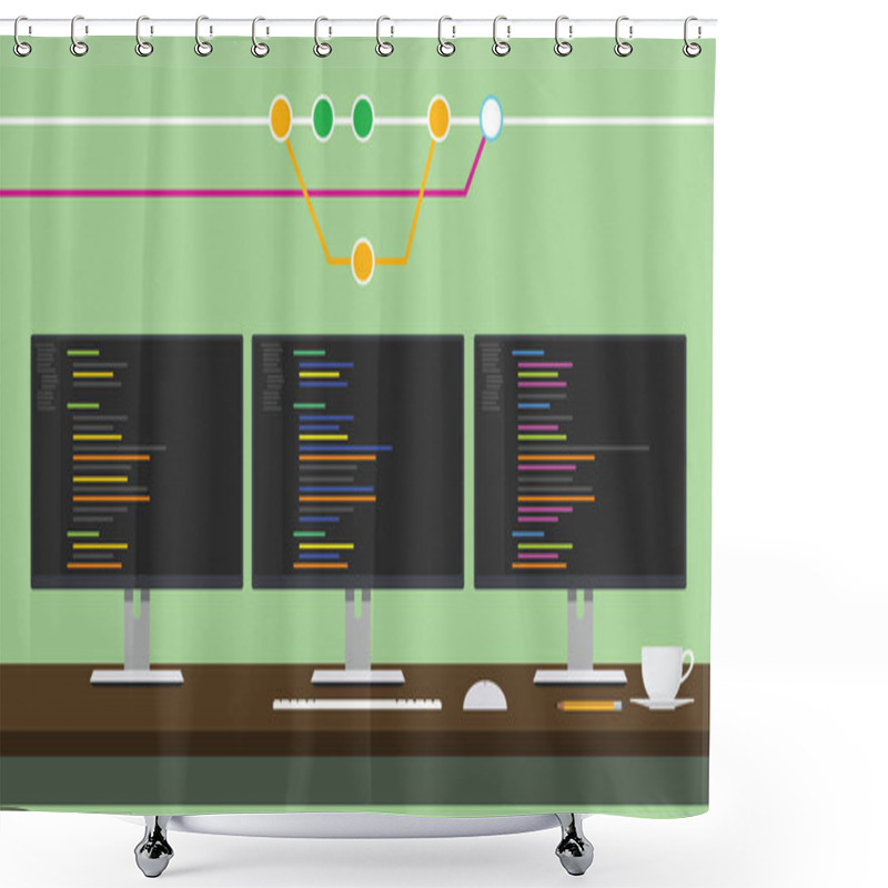 Personality  Git Code Repository Concept Illustration With 3 Monitor Code Program Shower Curtains