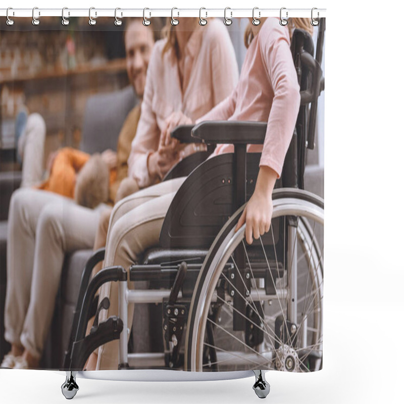 Personality  Cropped Shot Of Mother And Daughter In Wheelchair Holding Hands At Home Shower Curtains