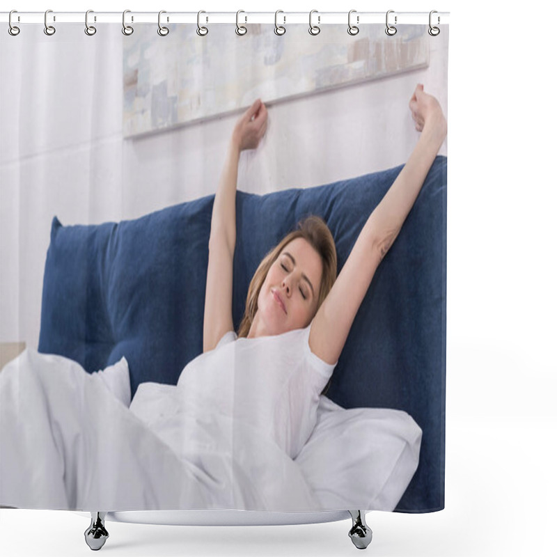 Personality  Portrait Of Woman Stretching After Sleep In Bed Shower Curtains