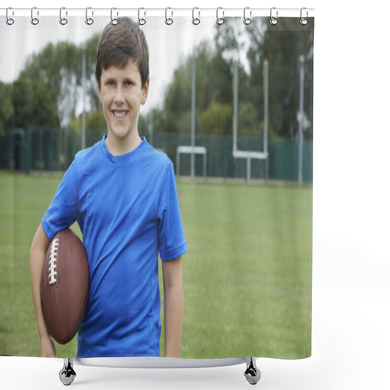 Personality  Portrait Of Boy Holding Ball On School Football Pitch Shower Curtains