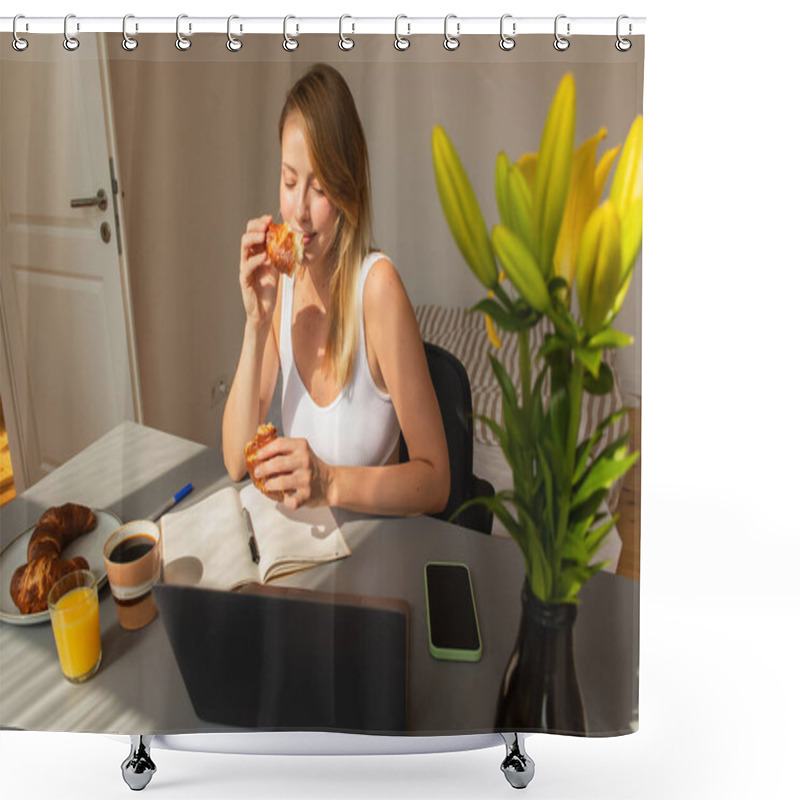 Personality  Freelancer Holding Croissant Near Devices And Drinks At Home  Shower Curtains