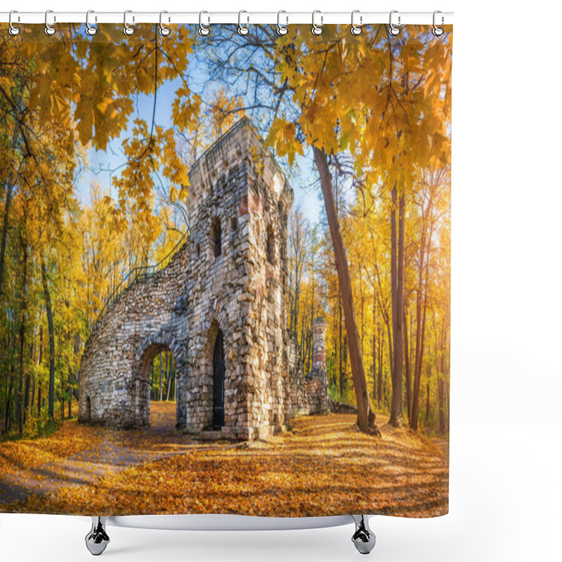 Personality  Ruin Tower In Tsaritsyno Park In Moscow Among Autumn Golden Trees On An Early Sunny Morning Shower Curtains