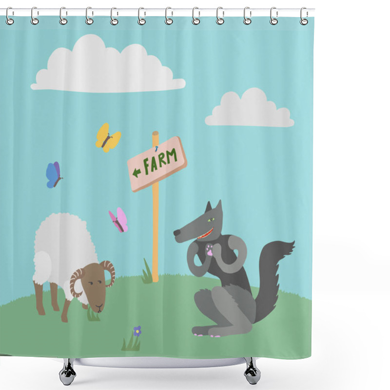 Personality  Vector Illustration Of A White Ram Eating Grass And Black Wolf Grinning And Rubbing His Paws On Green Lawn With Flowers And Farm Sign On A Post With An Arrow. Blue Sky, Colorful Butterflies And White Clouds In Background Shower Curtains