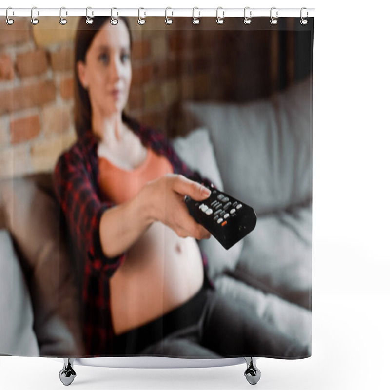 Personality  Selective Focus Of Pregnant Woman Holding Remote Controller While Watching Movie Shower Curtains