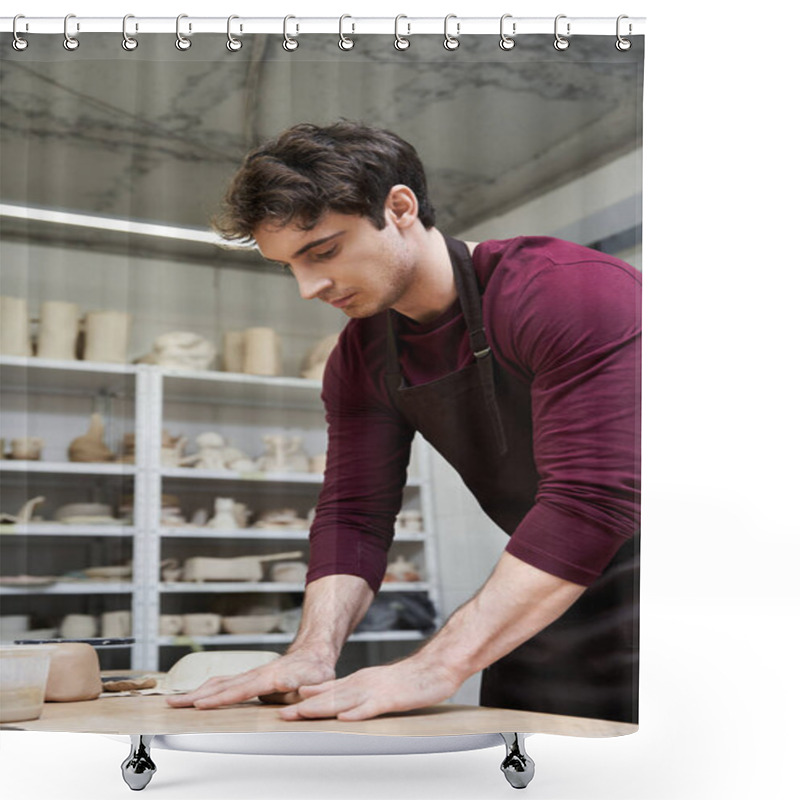 Personality  Elegant Devoted Man In Apron Making Some Pottery In Studio. Shower Curtains