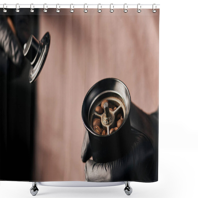 Personality  Cropped View Of Barista Holding Manual Coffee Grinder With Coffee Beans, Arabica, Drink, Energy  Shower Curtains