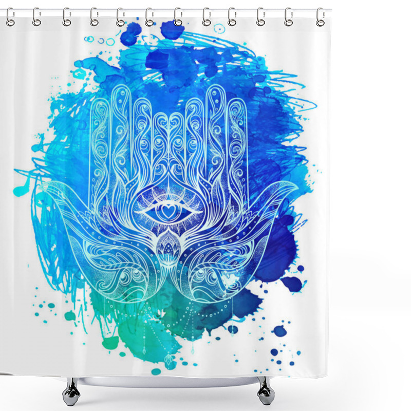 Personality  Ornate Hand Drawn Hamsa. Popular Arabic And Jewish Amulet. Vector Illustration Over Colorful Watercolor Splash. Shower Curtains