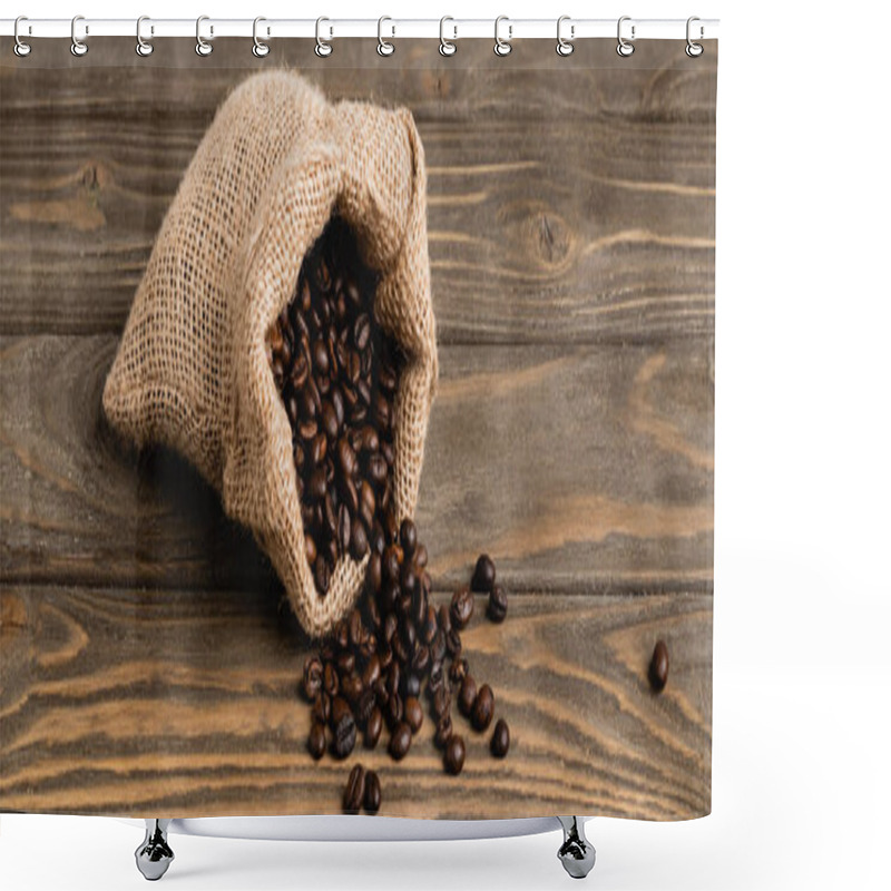 Personality  Sack Bag With Roasted Coffee Beans On Wooden Surface, Banner Shower Curtains