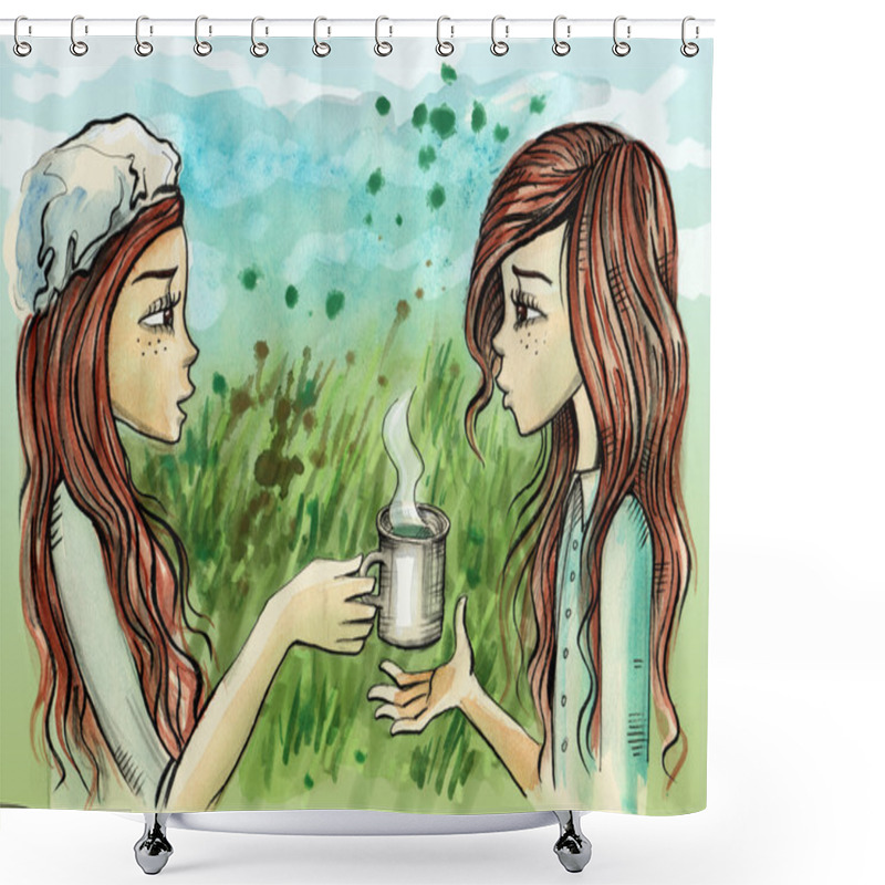 Personality  Twin Sisters Sharing A Cup Of Tea Shower Curtains