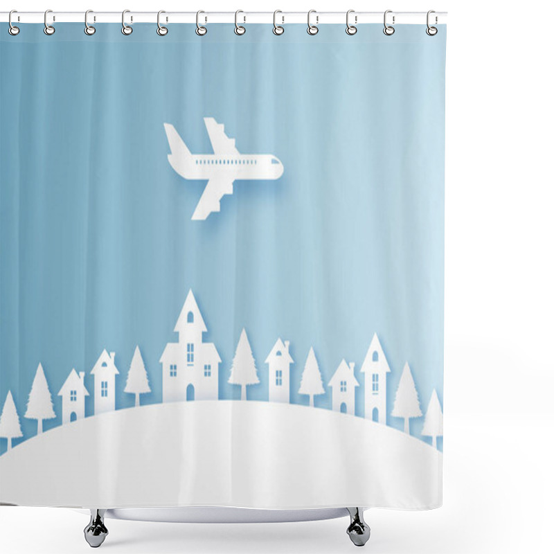 Personality  Airplane Flying Above House On The Hill  , Paper Art Style Shower Curtains