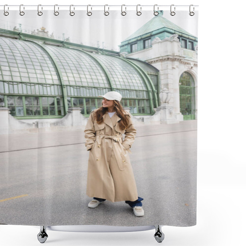 Personality  Happy Young Woman In Trench Coat And Baseball Cap Standing With Hands In Pockets On Rooftop Of European Building  Shower Curtains