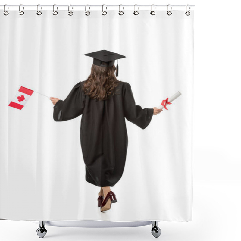 Personality  Back View Of Female Student In Academic Gown Holding Canadian Flag And Diploma Isolated On White Shower Curtains