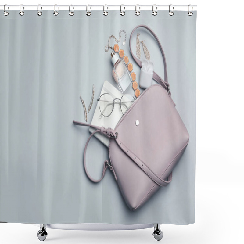 Personality  Stylish Woman's Bag With Accessories On Light Grey Background, F Shower Curtains