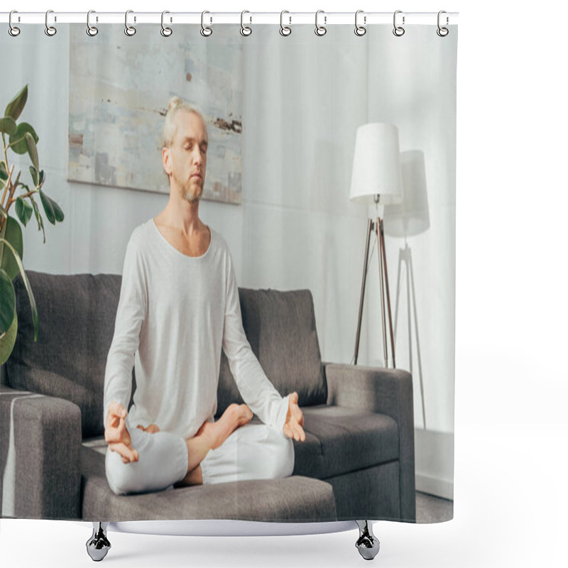 Personality  Adult Man With Closed Eyes Meditating In Lotus Position On Sofa At Home Shower Curtains