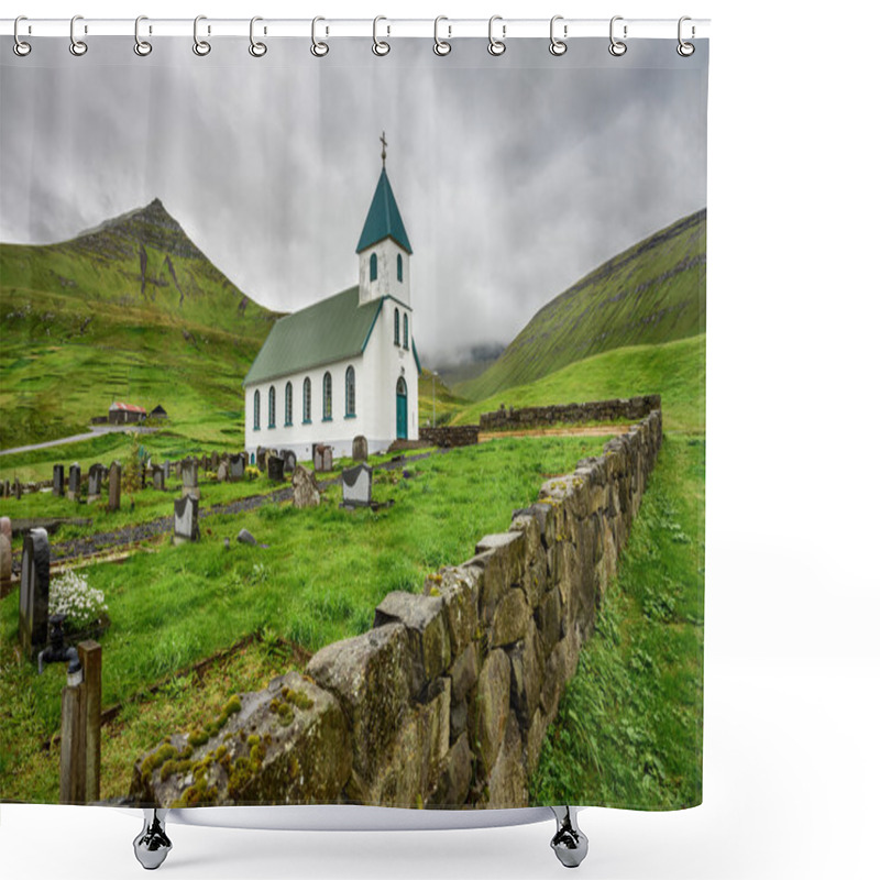 Personality  Small Village Church With Cemetery In Gjogv, Faroe Islands, Denmark Shower Curtains