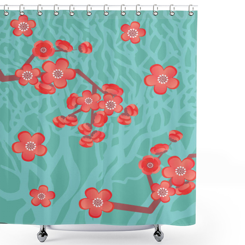 Personality  Sakura Blooming Blue And Red Vector Flat Illustration Shower Curtains