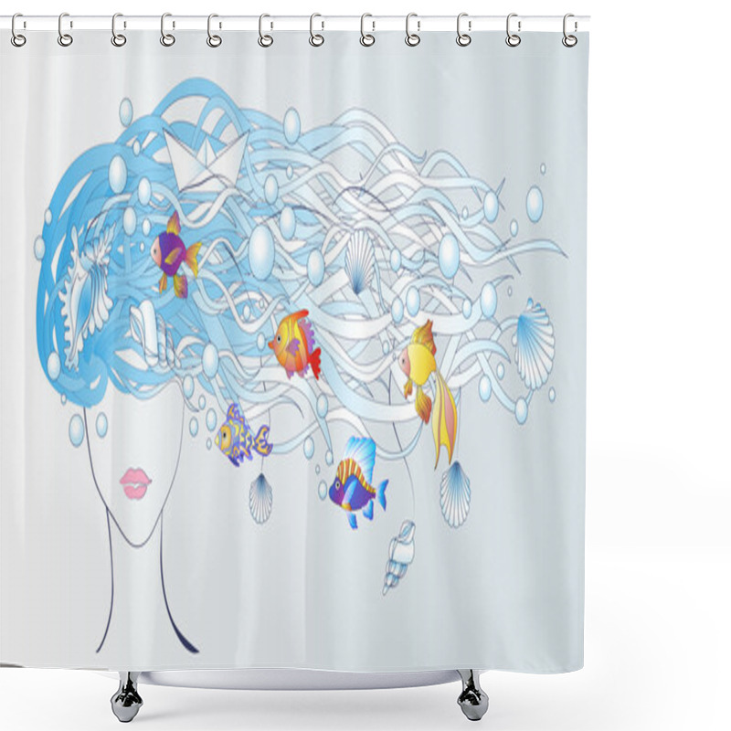 Personality  Long Hair Scattered Seashells And Fish Shower Curtains