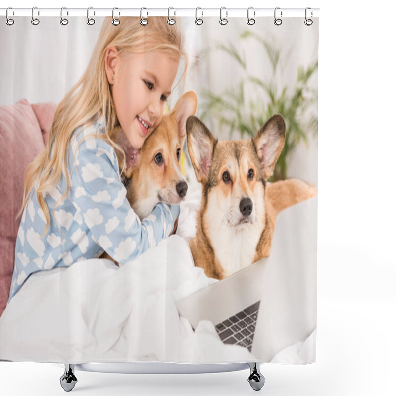 Personality  Smiling Child Lying In Bed With Corgi Dogs And Looking At Laptop  Shower Curtains