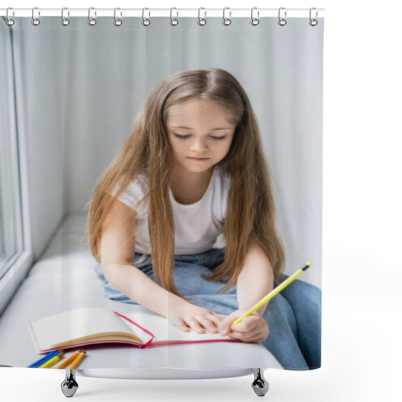 Personality  Girl With Long Hair Sitting On Windowsill And Writing In Notebook Shower Curtains