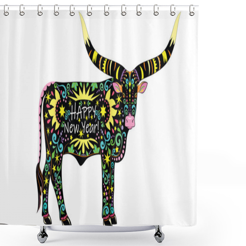 Personality  Black African Cow With White Letters Happy New Year Inside And Painted With Colored Ornaments. Symbol Of 2021 Shower Curtains