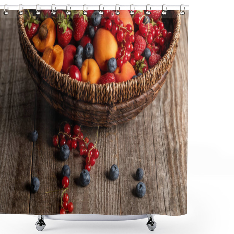 Personality  Close Up View Of Ripe Seasonal Berries And Apricots In Wicker Basket On Wooden Table With Copy Space Shower Curtains