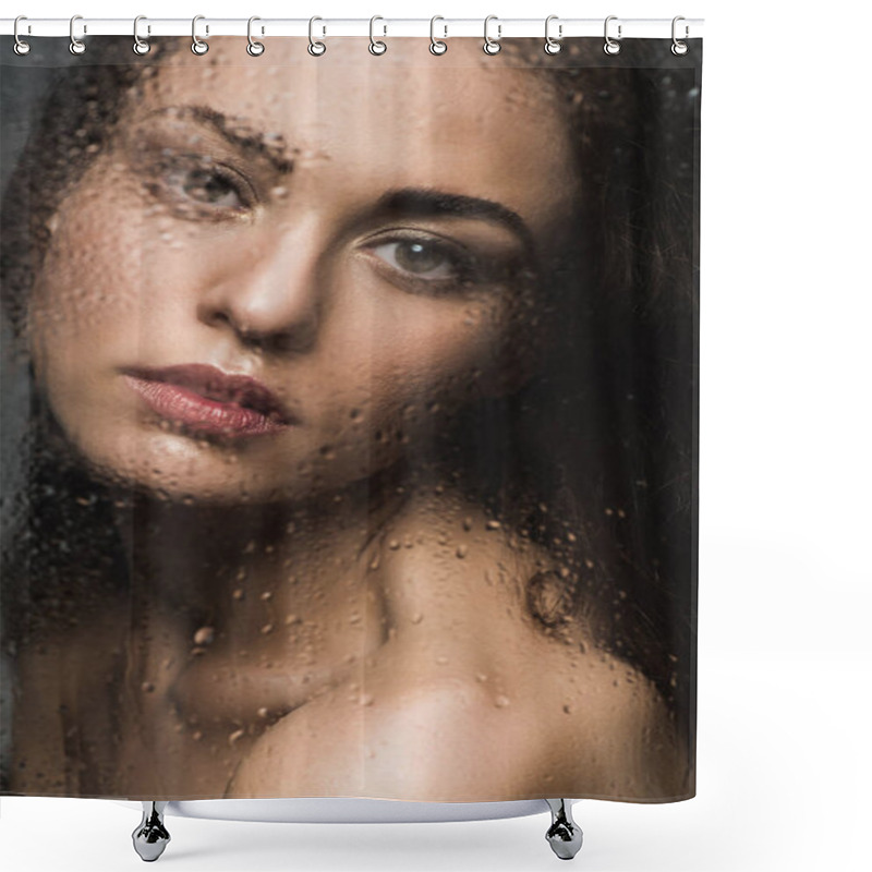 Personality  Attractive Girl Behind Wet Glass Looking At Camera Shower Curtains