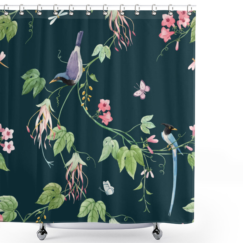 Personality  Watercolor Vector Floral Pattern With Blue Birds Of Paradise And Pink Delicate Flowers. Dark Green Background. Stock Illustration. Shower Curtains