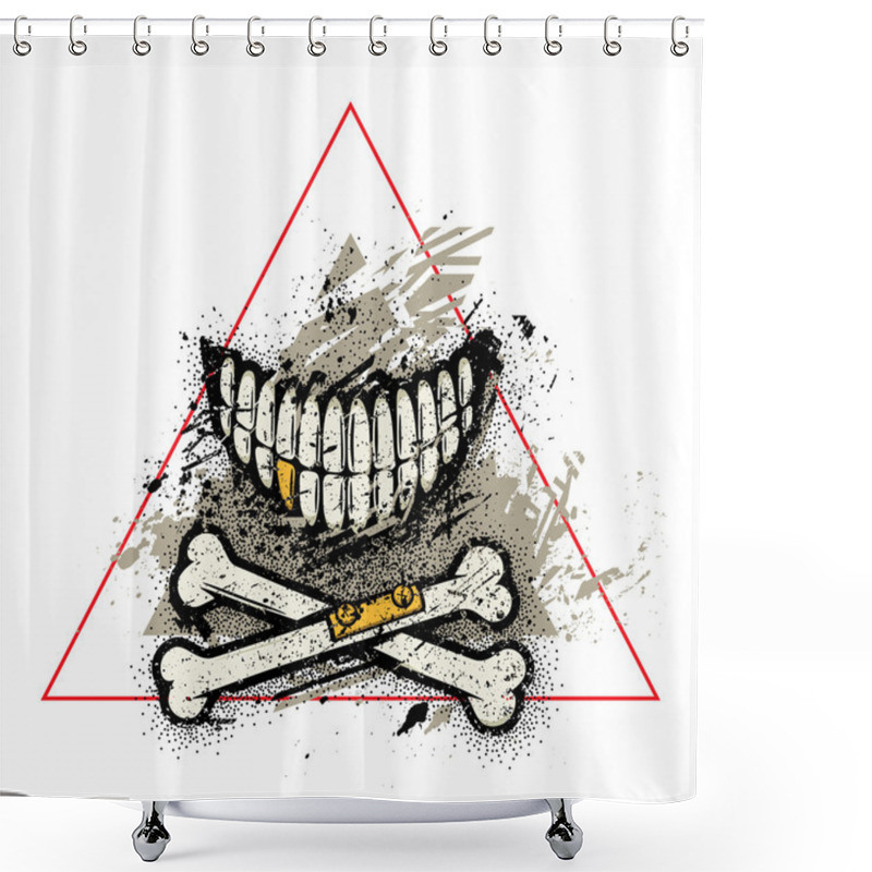 Personality  Dotwork Skull Smile With Crossed Broken Bones And Golden Tooth.  Shower Curtains