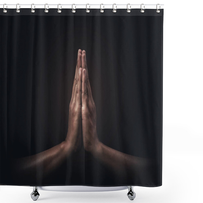 Personality  Praying Hands With Faith In Religion And Belief In God On Dark Background. Power Of Hope Or Love And Devotion. Namaste Or Namaskar Hands Gesture. Prayer Position. Shower Curtains