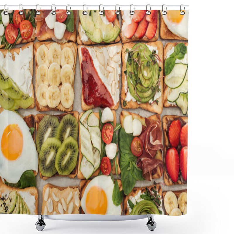 Personality  Top View Of Toasts With Fried Eggs, Peanuts, Cut Vegetables And Fruits  Shower Curtains