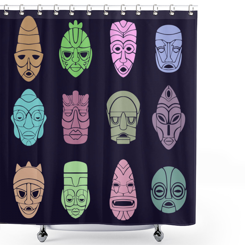 Personality  Wallpaper From A Set Of Twelve Pagan Masks. The Faces Of Various Gods, Spirits, And Other Mystical Beings. Vector Illustration. Shower Curtains