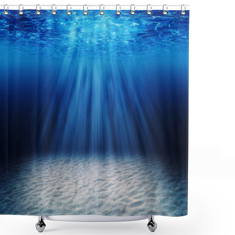 Personality  Abstract Image Of Tropical Sand Beach On The Bottom Of Underwater Dark Blue Deep Ocean Wide Nature Background With Rays Of Sunlight. Shower Curtains