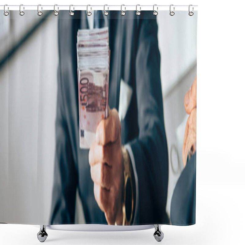 Personality  Cropped View Of Investor Holding Euro Banknotes Near Businessman On Blurred Foreground, Banner  Shower Curtains