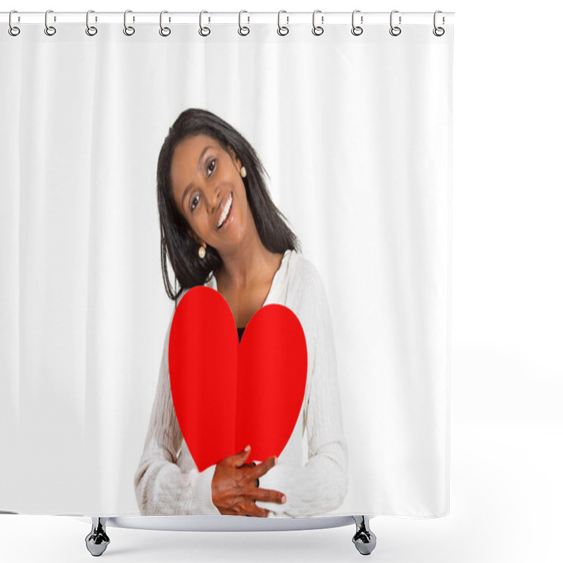 Personality  Happy Smiling Woman Looking Excited Holding Large Red Heart  Shower Curtains