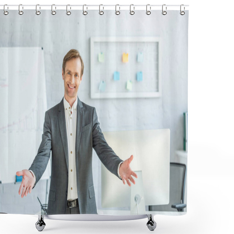 Personality  Front View Of Happy Businessman With Open Arms Looking At Camera With Blurred Office On Background Shower Curtains