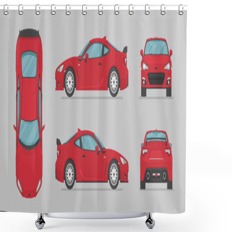 Personality  Vector Red Sport Car. Side View, Front View, Back View, Top View. Cartoon Flat Illustration, Car For Graphic And Web Shower Curtains