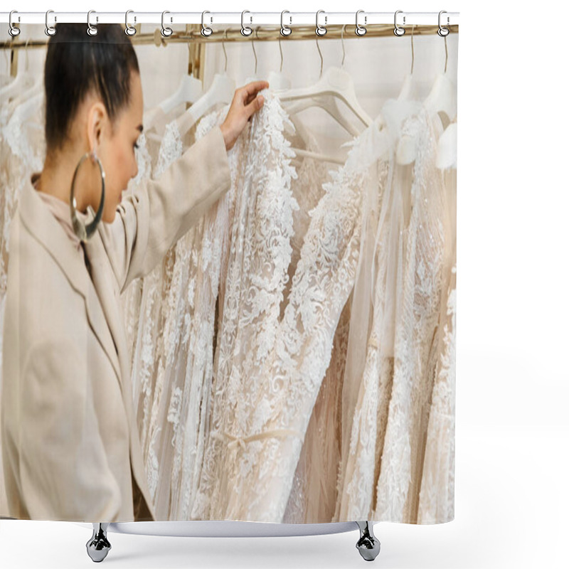 Personality  A Young, Beautiful Bride Carefully Selecting Wedding Dresses From A Diverse Rack With The Assistance Of A Shop Attendant. Shower Curtains