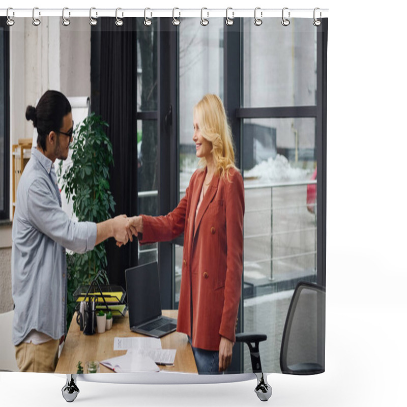 Personality  A Man And Woman Shake Hands In An Office, Sealing A Business Partnership. Shower Curtains