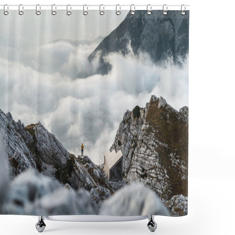 Personality  Traveler Man Climbing On Mountain Top Adventure Travel Extreme Healthy Lifestyle Vacations Hiking Outdoor Success Achievement Brave Hiker On The Edge In Slovenian Alps Shower Curtains