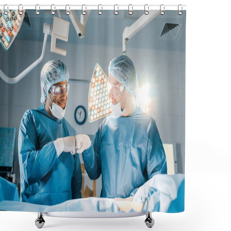 Personality  Nurse And Surgeon In Uniforms Doing Gesture And Smiling In Operating Room  Shower Curtains