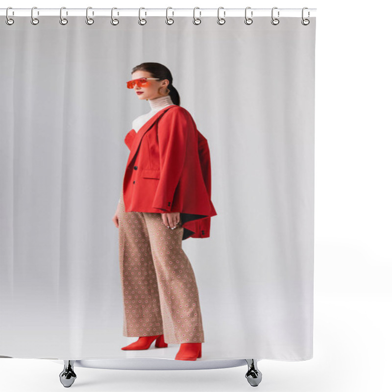 Personality  Full Length View Of Beautiful, Stylish Girl With Red Blazer On Shoulder Looking Away On Grey Shower Curtains