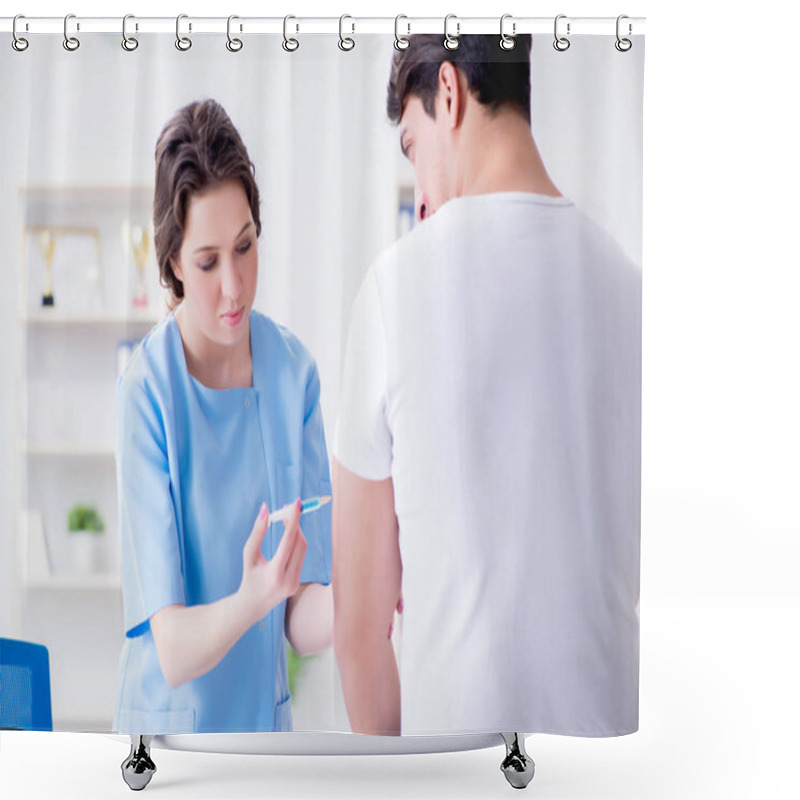 Personality  Patient Visitng Doctor For Annual Flu Shot Inoculation For Preve Shower Curtains