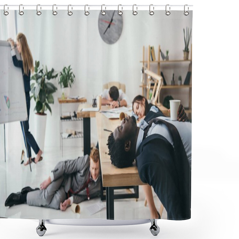 Personality  Multiethnic Group Of Exhausted Businesspeople Sleeping At Office Shower Curtains